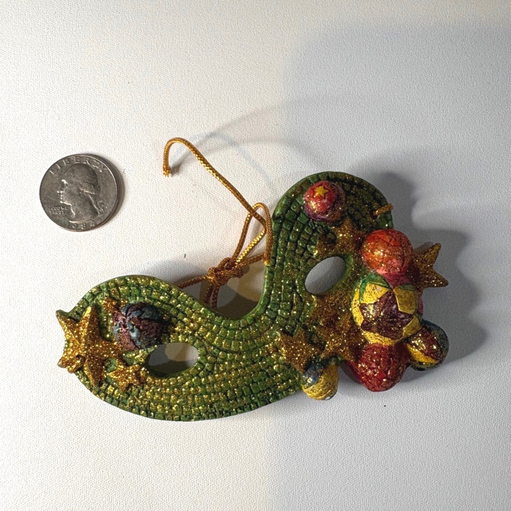 Mardi Gras Masquerade Mask Christmas Ornament Green Gold Glitter Festive Holiday